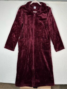 Croft & Barrow Burgundy Fleece Robe Medium Cozy Cabincore Loungewear Zip Front